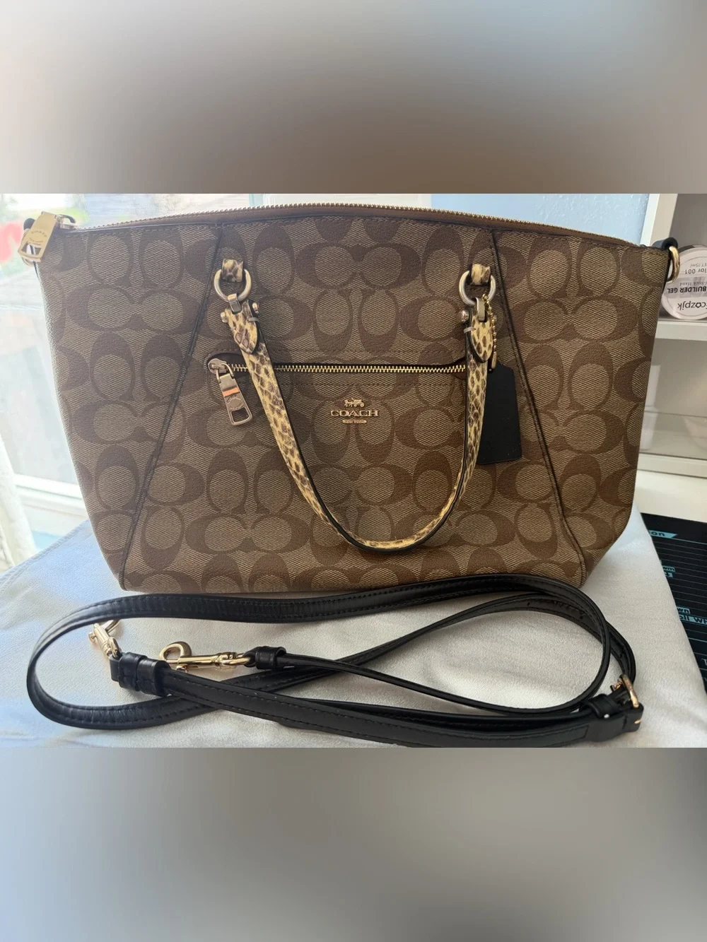 Coach Brown Signature Satchel with Leopard-Print Handles
